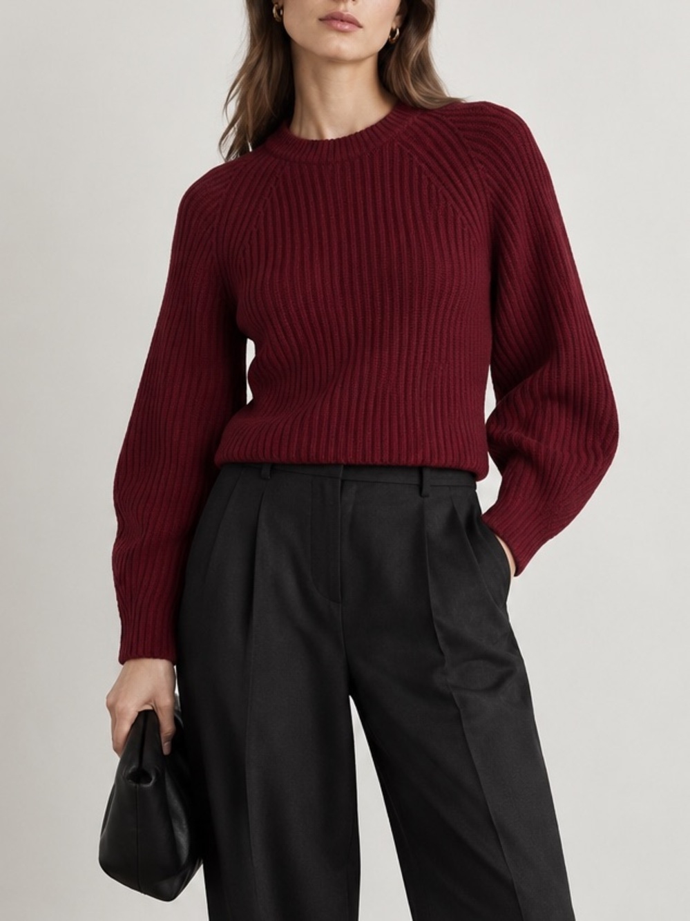 Theory Sculpted Balloon Sleeve Crew Neck Ribbed Merino Wool Sweater Burgundy Red
